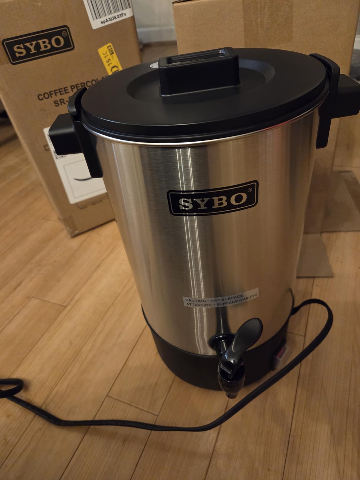 SYBO SR-CP-100B Commercial Grade Stainless Steel Percolate Coffee Maker Hot Water Urn for Catering, 100-Cup 16 L, Metallic customer photo 1