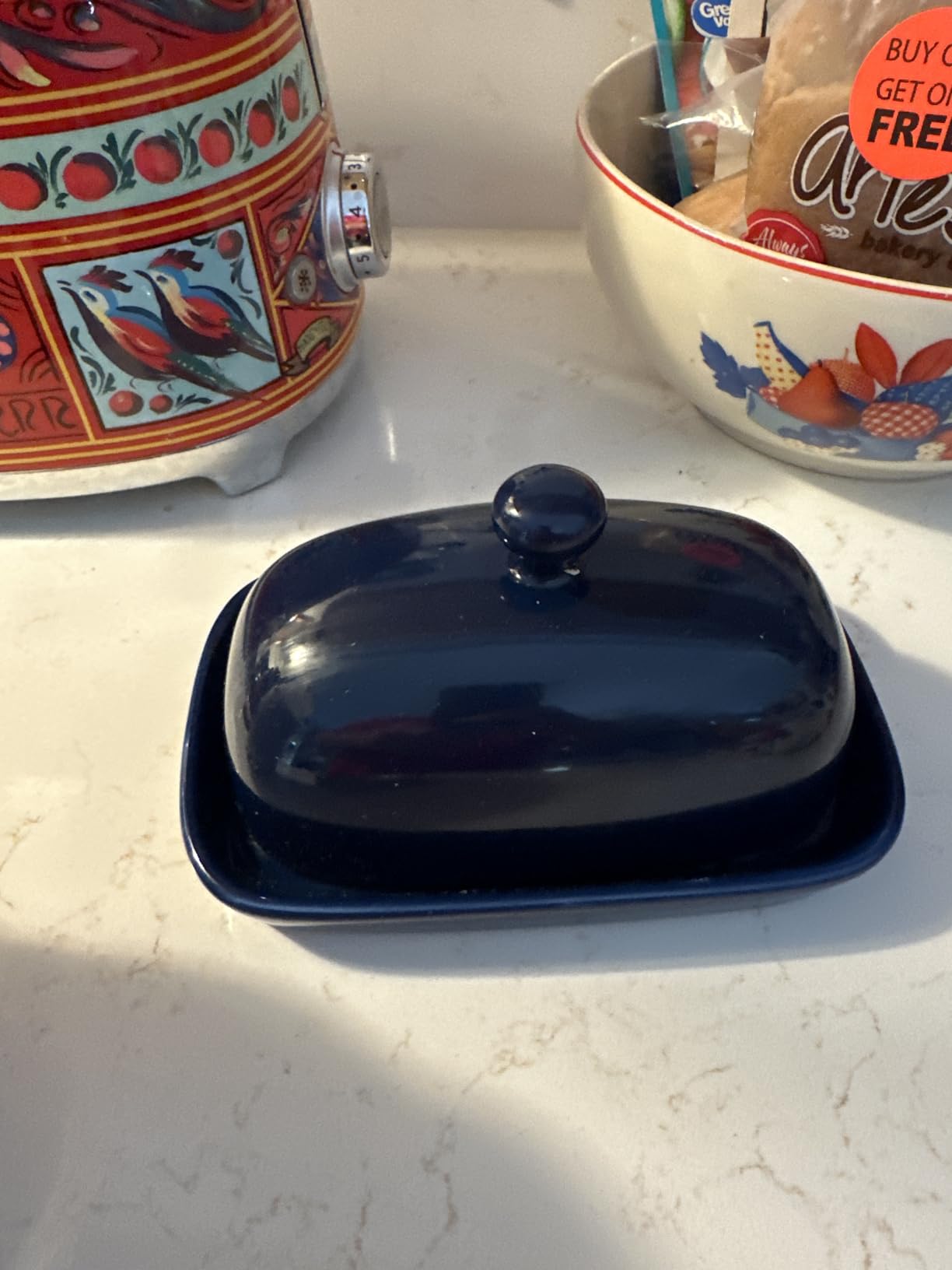Sweejar Ceramic Butter Dish with Lid for Countertop,Porcelain Butter Keeper with Knob Handle,Butter Container for East/West Coast Butter, 7.1*3.7 inches (White) - Customer Photo 3