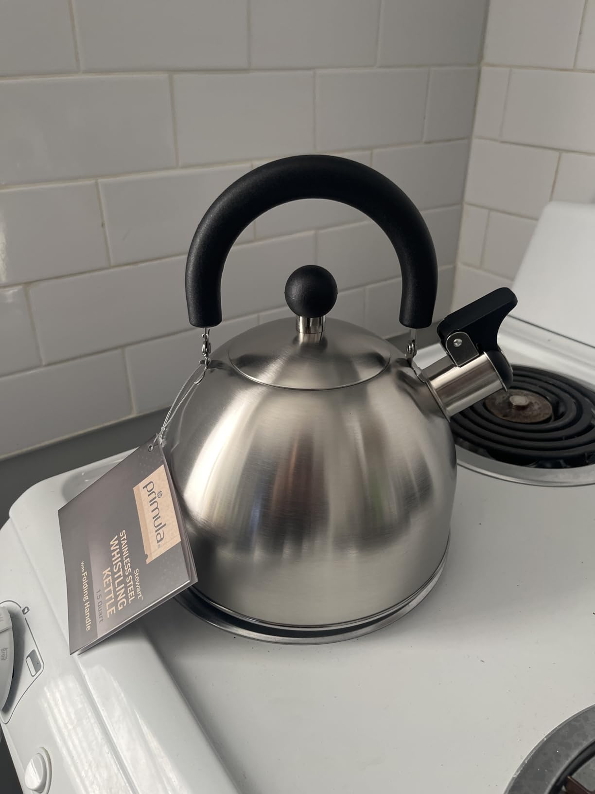 Primula Stewart Whistling Stovetop Tea Kettle Food Grade Stainless Steel, Hot Water Fast to Boil, Cool Touch Folding, 1.5-Quart, Brushed with Black Handle - Customer Photo 1