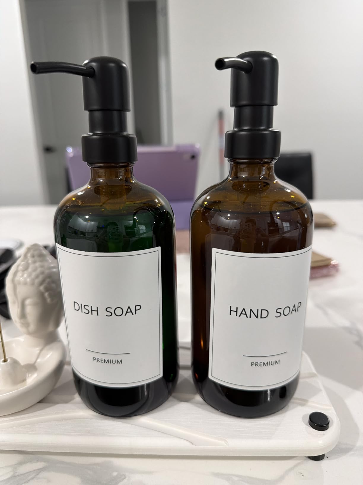 GMISUN Amber Glass Soap Dispenser, 2 Pack Bathroom Hand Soap Dispensers with Stainless Steel Pump, 17 Fl Oz Kitchen Hand and Dish Soap Dispenser Set, Modern Vintage Liquid Brown Soap Dispensers Bottle - Customer Photo 1