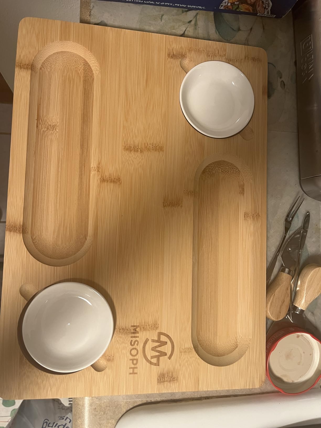 Bamboo Cheese Board with Knife, Bowl, Fork Set, Wood Charcuterie Platter & Food Serving Tray for Wine Glasses, Misoph Collection customer photo 1