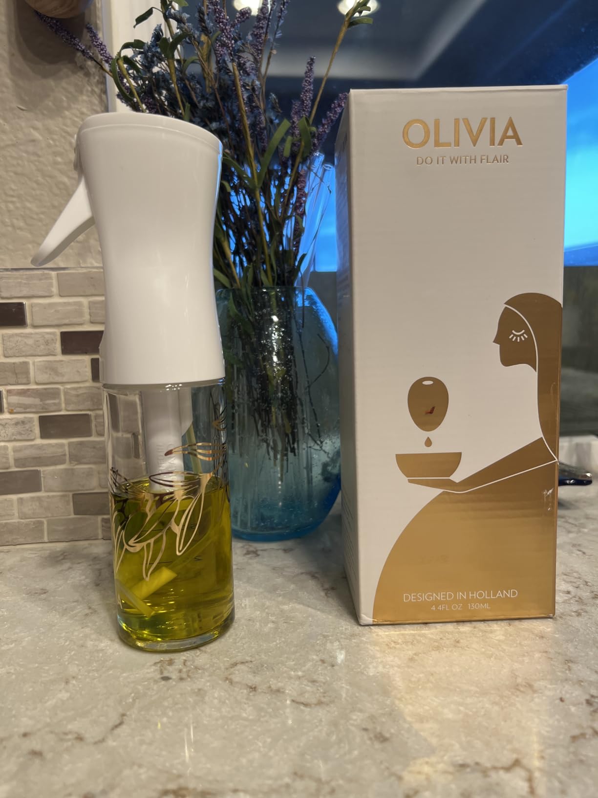 FLAIROSOL OLIVIA. The Original Advanced Oil Sprayer for Cooking, Salads, BBQs and More, Continuous Spray with Portion Control, Trusted by Chefs. Patented Technology. (Glass Bottle) (Golden Leaves) - Customer Photo 0