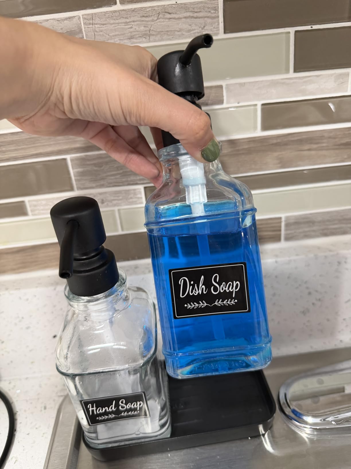 Soap Dispenser - 2 Pack, Antique Design Thick Glass Hand Soap Dispensers with Sturdy Tray; 304 Rust Proof Stainless Steel Black Pump, 12Pcs Stickers, for Kitchen, Bathroom - Customer Photo 0