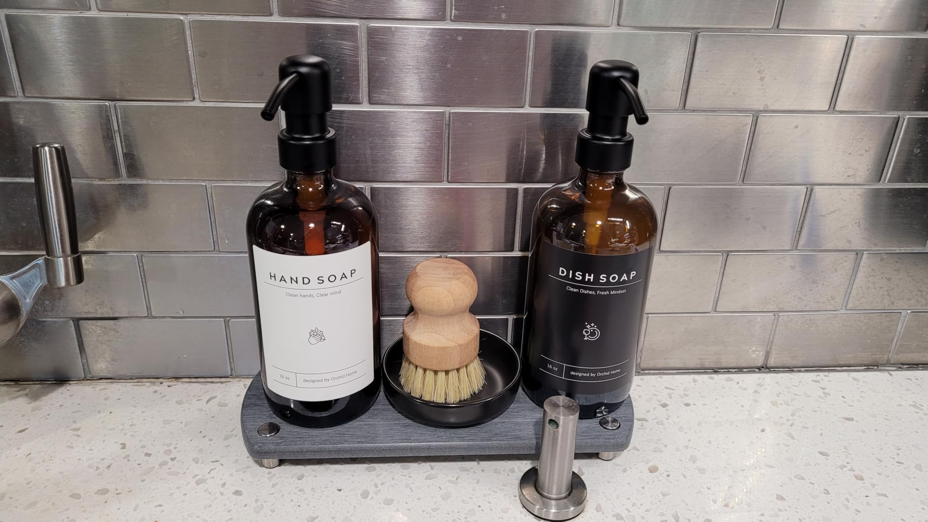 [Luxury] Kitchen Soap Dispenser Set - 16OZ Amber Glass Bottle, Stainless Steel Pump, Instant Dry Tray, Waterproof Labels, Non-Slip Silicone Pad, and Dish Brush | Upgrade for Your Kitchen and Bathroom - Customer Photo 3