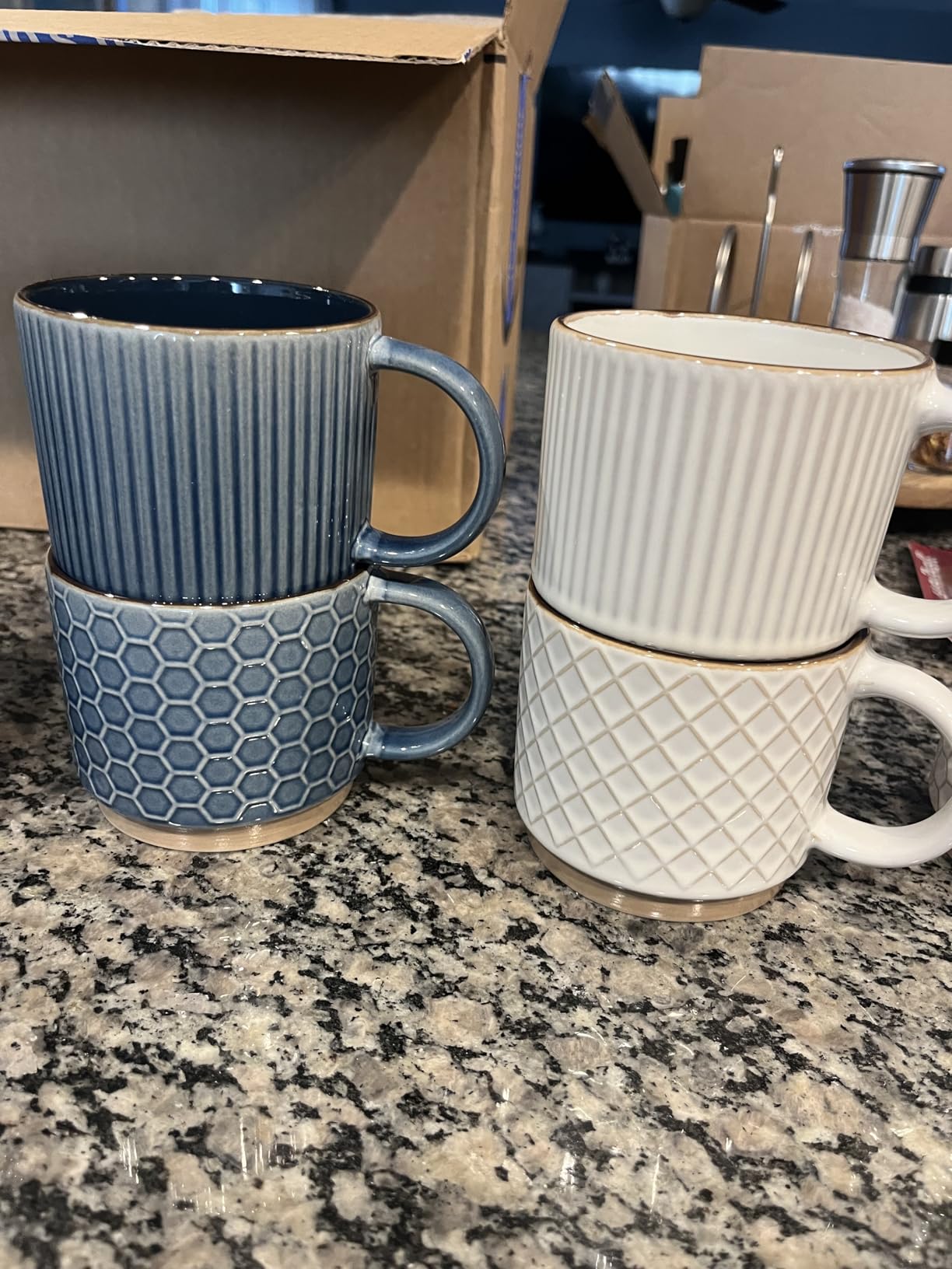 GBHOME 12OZ Stackable Coffee Mugs, Ceramic Coffee Mugs with Texture Patterns for Man,Woman,Dad,Mom, Modern Coffee Mugs Set of 4 for Latte/Cappuccino/Cocoa. Dishwasher&Microwave Safe, Off White - Customer Photo 1