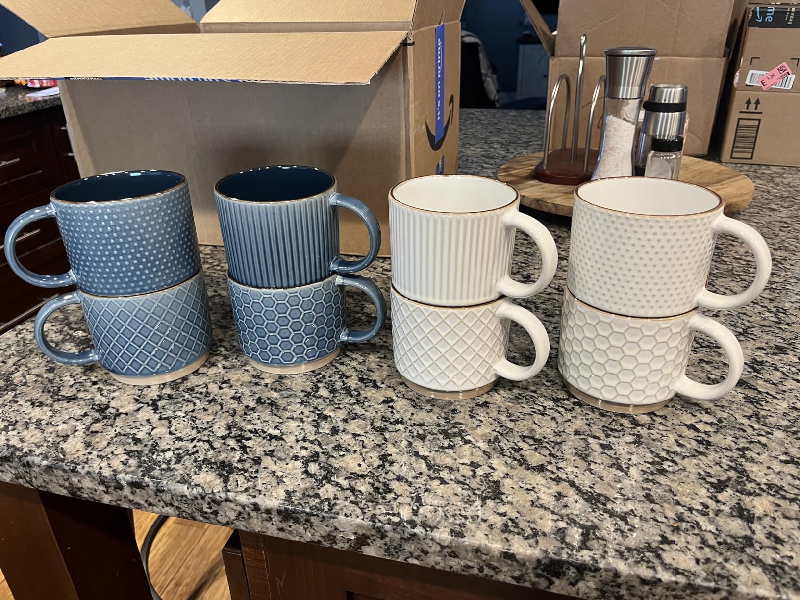 GBHOME 12OZ Stackable Coffee Mugs, Ceramic Coffee Mugs with Texture Patterns for Man,Woman,Dad,Mom, Modern Coffee Mugs Set of 4 for Latte/Cappuccino/Cocoa. Dishwasher&Microwave Safe, Off White - Customer Photo 2