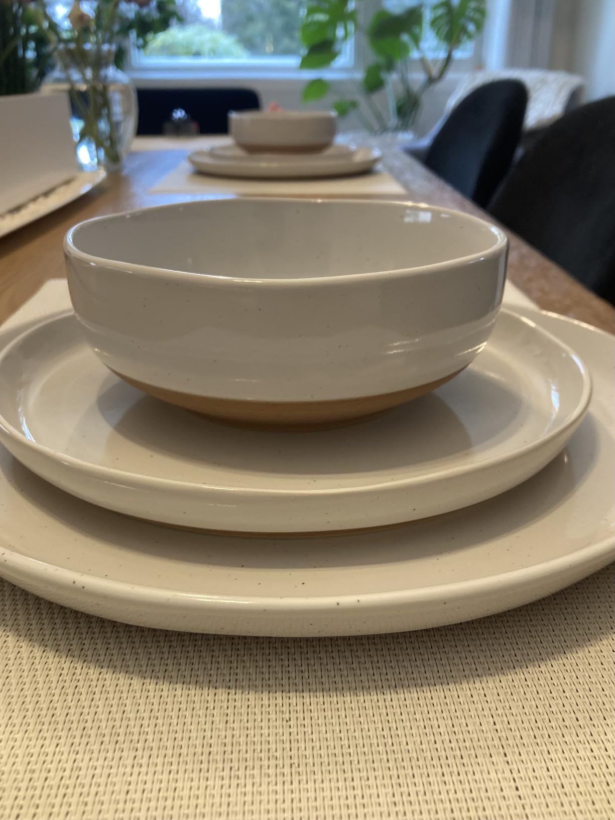 AmorArc Ceramic Dinnerware Sets for 4, 12 Pieces Handpainted Plates and Bowls Set with Rustic Terracotta Underside, Scratch Resistant Stoneware Dishes Set, Dishwasher & Microwave Safe, Stone Blue - Customer Photo 0