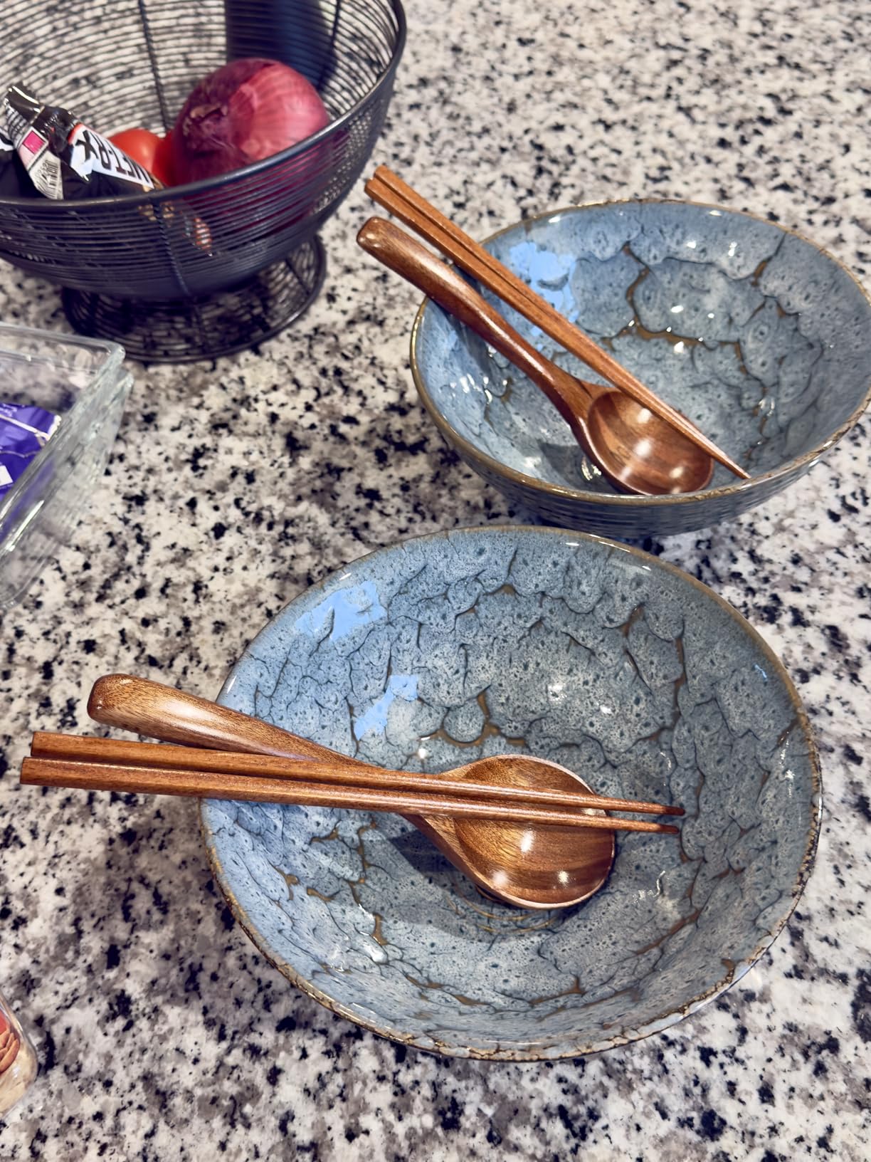 NUTRIUPS 8 Inch Ceramic Ramen Bowl Set of 2 Pho Bowls 40oz Japanese Noodle Udon Soup Bowls with Spoons and Chopsticks (Deep Ocean Green) customer photo 1