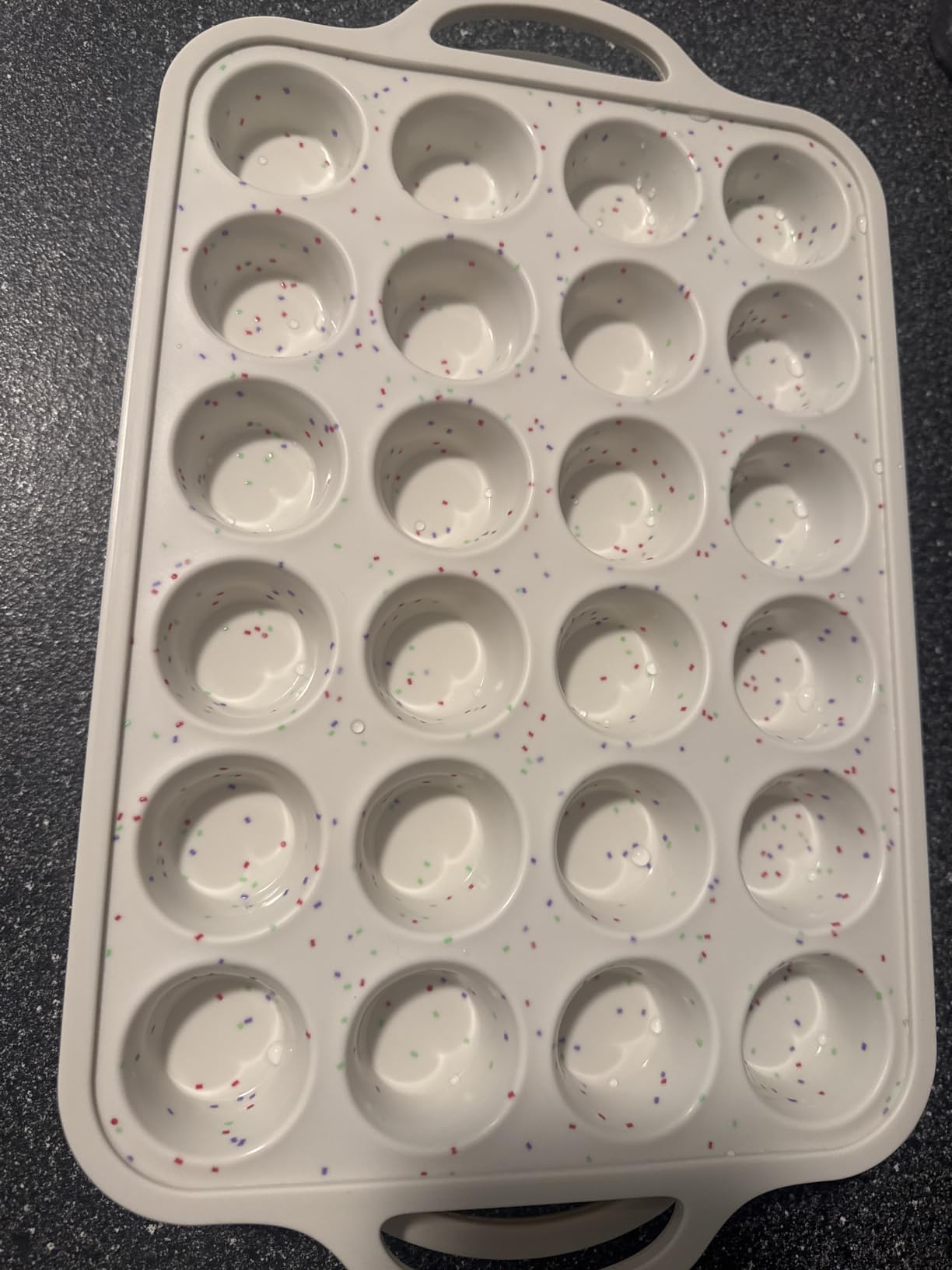 Silicone Mini Muffin Pan With Metal Reinforced Frame - 24 Cups Durable Silicone Cupcake Pan for Muffin, Cupcakes, BPA Free and Dishwasher Safe - 1 Piece Beige with Rainbow Spots customer photo 1