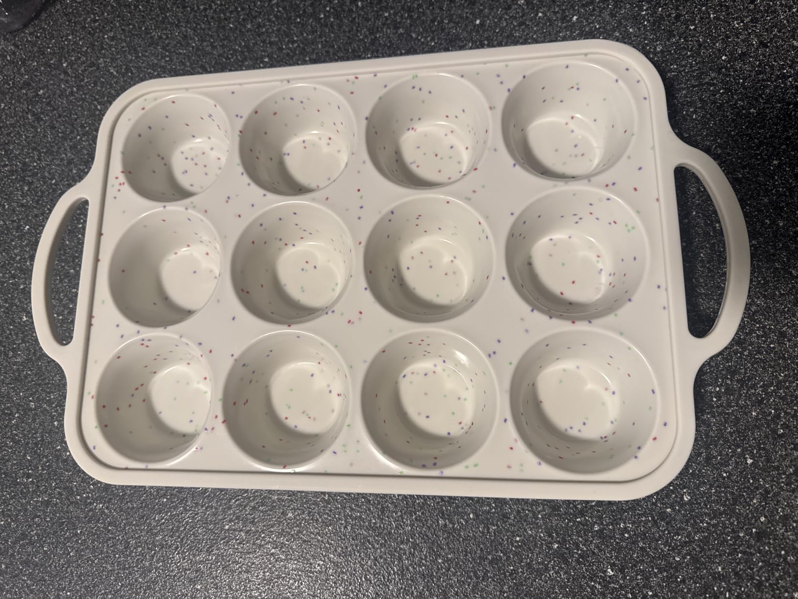 Silicone Mini Muffin Pan With Metal Reinforced Frame - 24 Cups Durable Silicone Cupcake Pan for Muffin, Cupcakes, BPA Free and Dishwasher Safe - 1 Piece Beige with Rainbow Spots customer photo 2