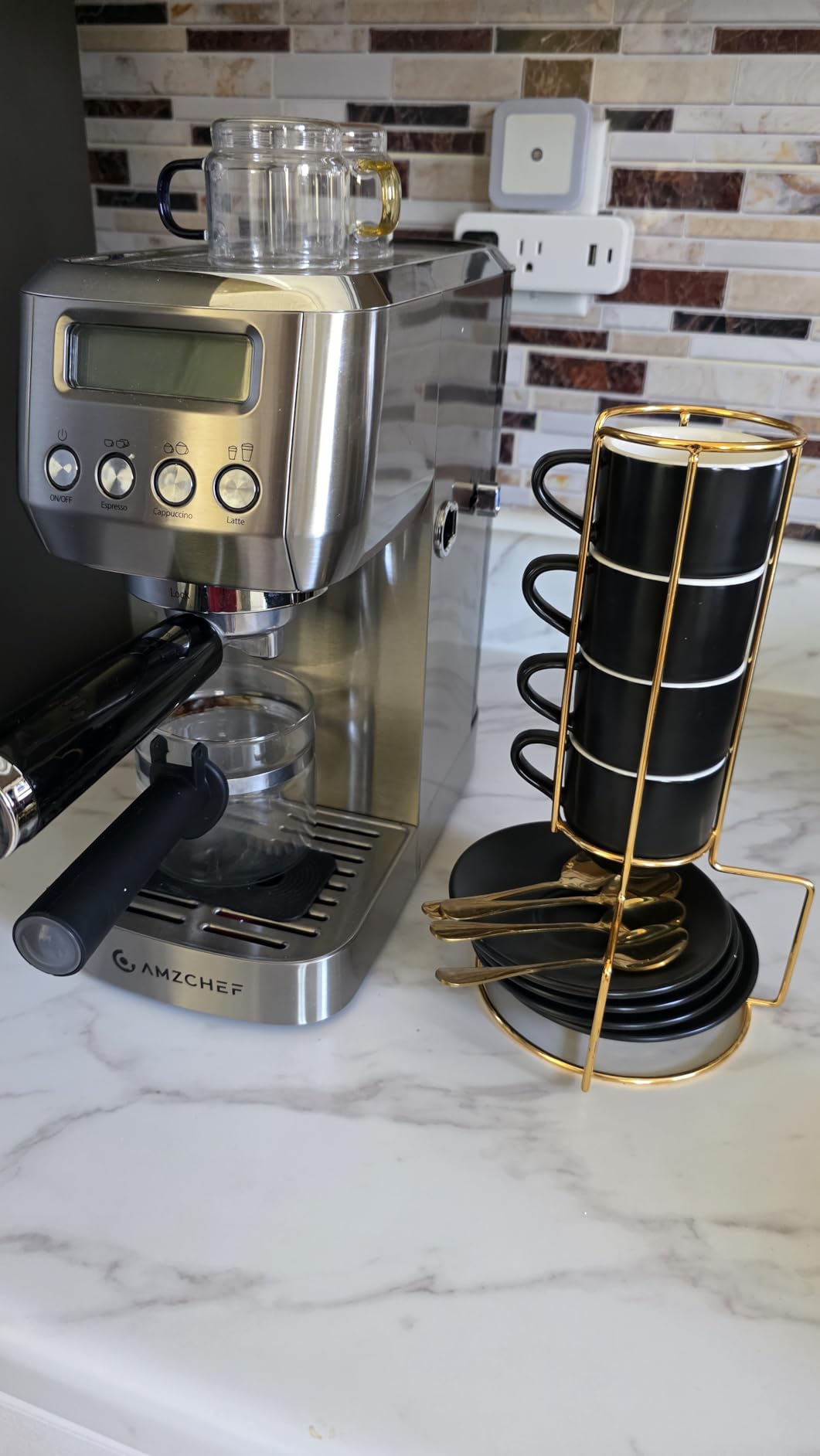 Lareina 3-Ounce Espresso Cups Set of 4, Small Stackable Coffee Cups with Saucers, Spoons and Metal Stand, Ceramic Demitasse Mugs, Espresso Accessories for Machine, Black customer photo 1