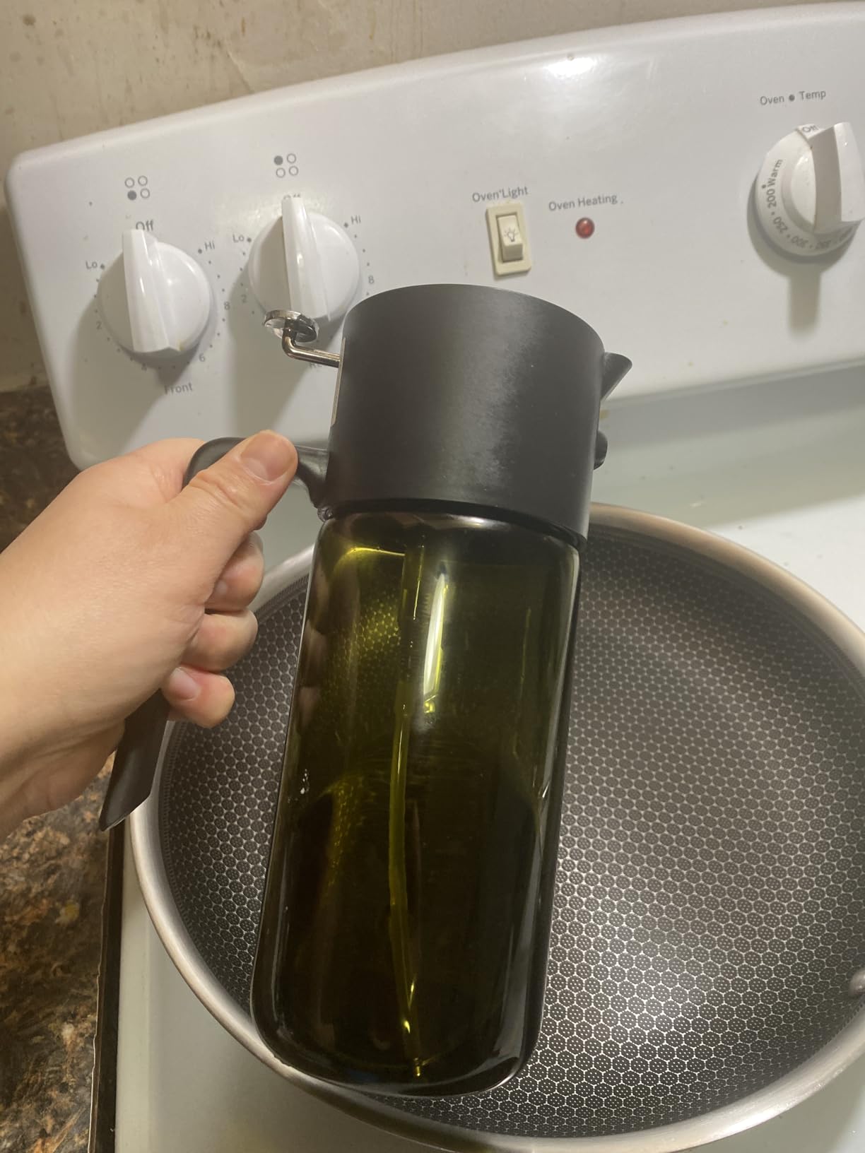 2-IN-1 500ml/17oz Light-Blocking Dark Oil Sprayer for Cooking with Sticker, Dark Green Glass Olive Oil Dispenser Bottle for Kitchen, Even Spray with Portion Control, Perfect for Air Fryer, BBQ - Black - Customer Photo 4