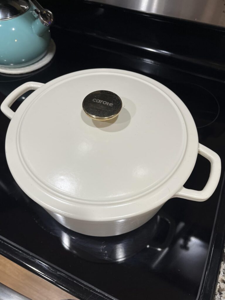 CAROTE 5QT Enameled Cast Iron Dutch Oven Pot with Lid, Heavy-Duty Dutch Oven for Sourdough Bread Baking, Braising, Stews, Roasting, Healthy & Non-Toxic, Dual Handles, All Stovetop Compatible, Oven Safe up to 500° F, Red Customer Review CAROTE 5QT Enameled Cast Iron Dutch Oven Pot with Lid, Heavy-Duty Dutch Oven for Sourdough Bread Baking, Braising, Stews, Roasting, Healthy & Non-Toxic, Dual Handles, All Stovetop Compatible, Oven Safe up to 500° F, Red - Customer Photo 3