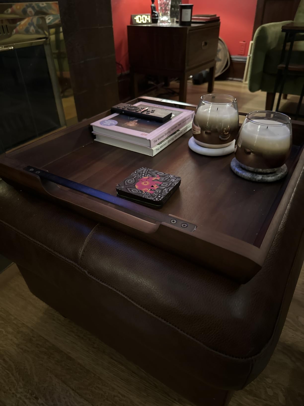 Large Acacia Wood Serving Tray with Metal Handles - 36