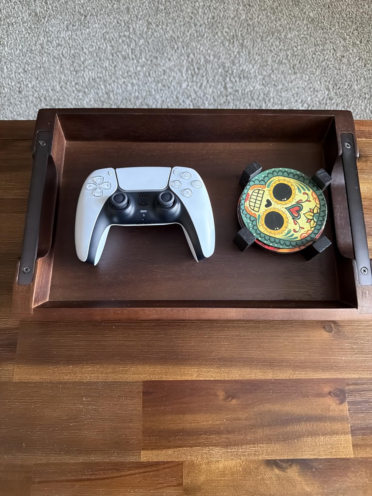 Large Acacia Wood Serving Tray with Metal Handles - 36