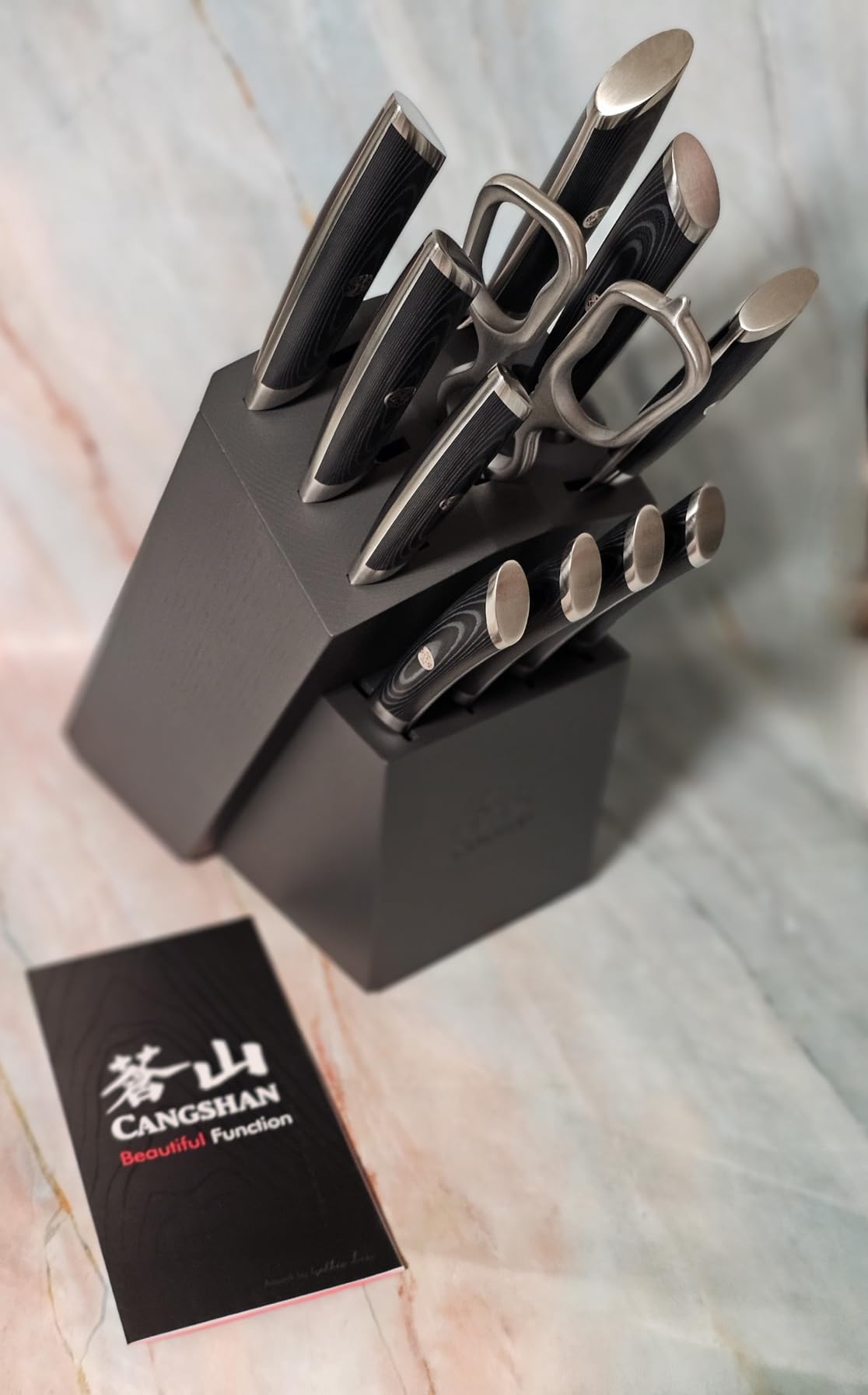Cangshan KURO Series 12-Piece Damascus Knife Set with Block - Swedish Sandvik 14C28N Steel - G-10 Fiberglass Handles with Mosaic Rivet - Customer Photo 4