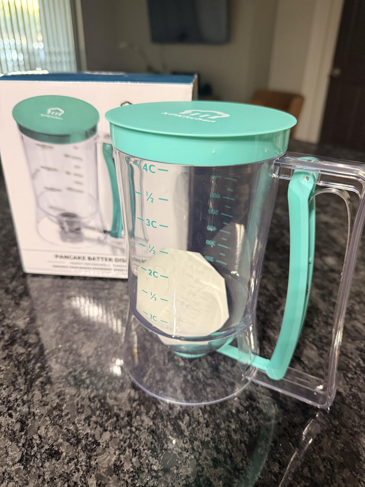 KPKitchen Pancake Batter Dispenser - Kitchen Must Have Tool for Perfect Pancakes, Cupcake, Waffle, Muffin Mix, Cake & Crepe - Baking Supplies for Griddle - Pancake Maker with Measuring Label (Purple) customer photo 1