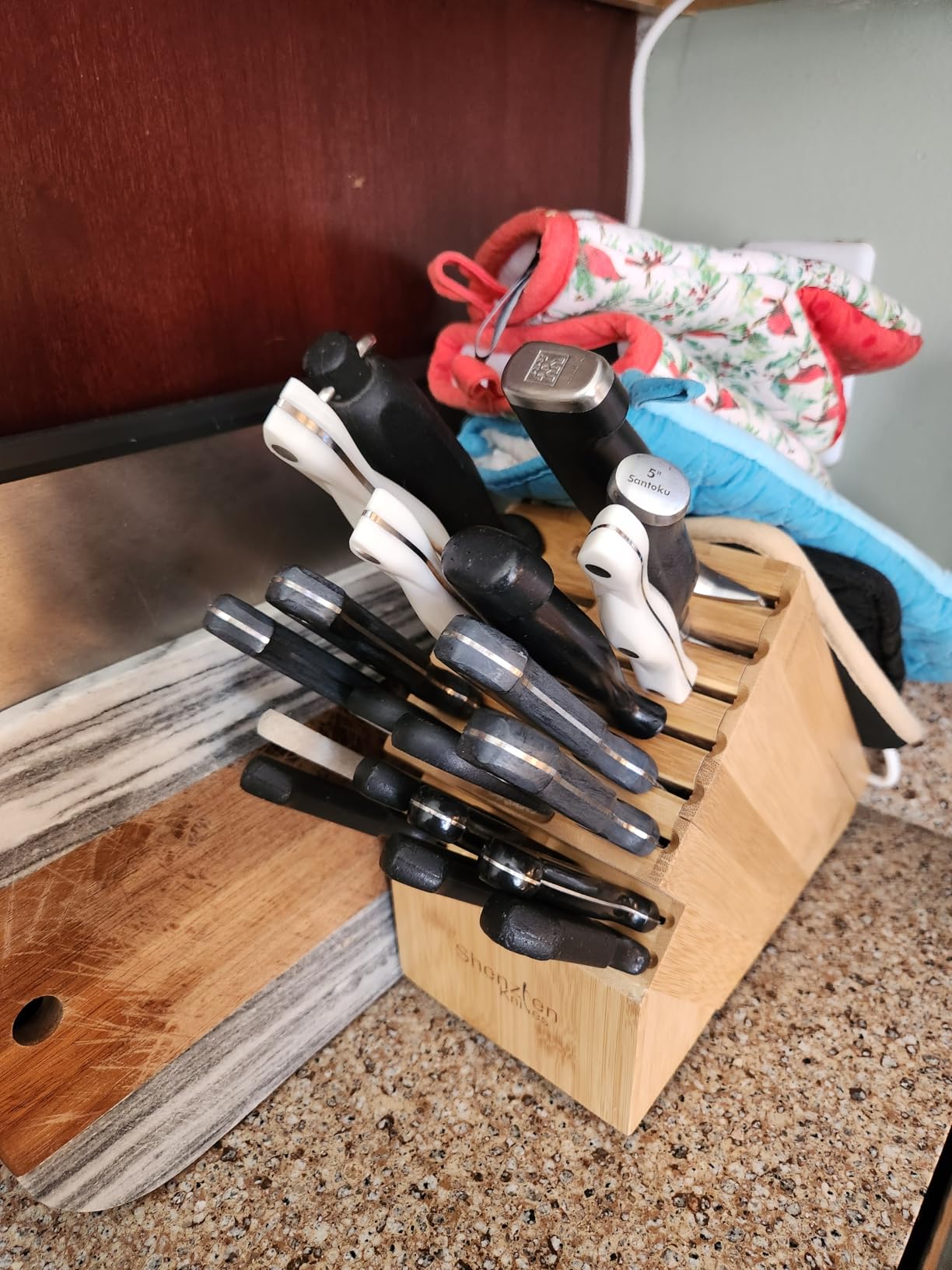Shenzhen Knives 20 Slot Universal Knife Block: Large Bamboo Finish Wood Knife Block without Knives - Countertop Butcher Block Knife Holder and Organizer with Wide Slots for Easy Kitchen Knife Storage customer photo 1