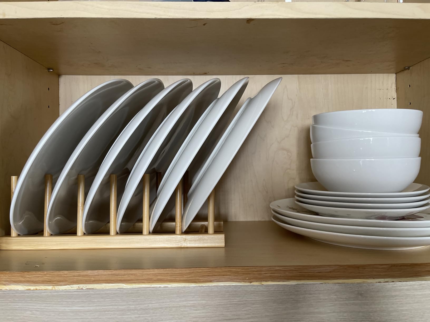 INNERNEED Bamboo Wooden Dish Rack, Vertical Plate & Lid Organizer for Kitchen Cabinet or Countertop, Drying Stand for Dishes, Cutting Boards customer photo 2