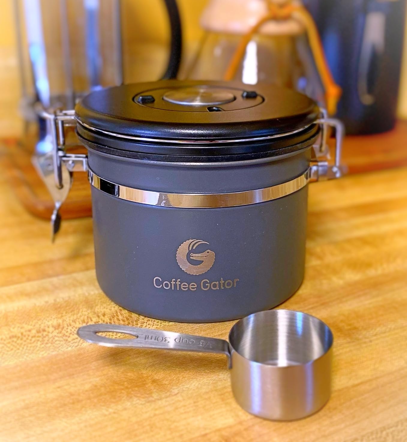 Coffee Gator Coffee Canister, 11oz Airtight Stainless Steel Kitchen Food Storage Container with Date-Tracker, CO2-Release Valve and Scoop for Beans, Grounds, Sugar, Cookies Jars, Tea, Cereal - Gray customer photo 1