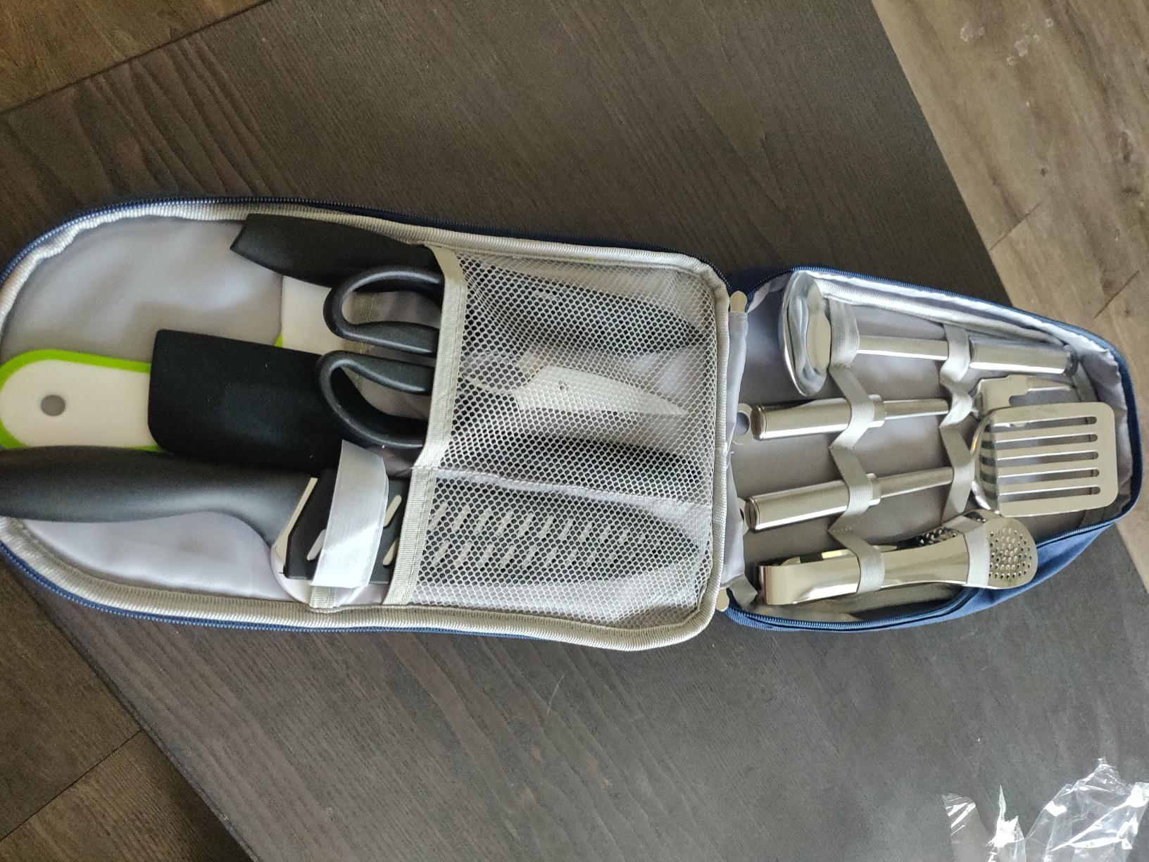 Life 2 Go 12 Pcs Camp Cooking Utensil Set & Outdoor Kitchen Gear Cookware Kit, Portable Compact Carry Case for Camping, Hiking, Travel, BBQ Grilling Stainless Steel Accessories Spoon & Fork, Navy customer photo 1