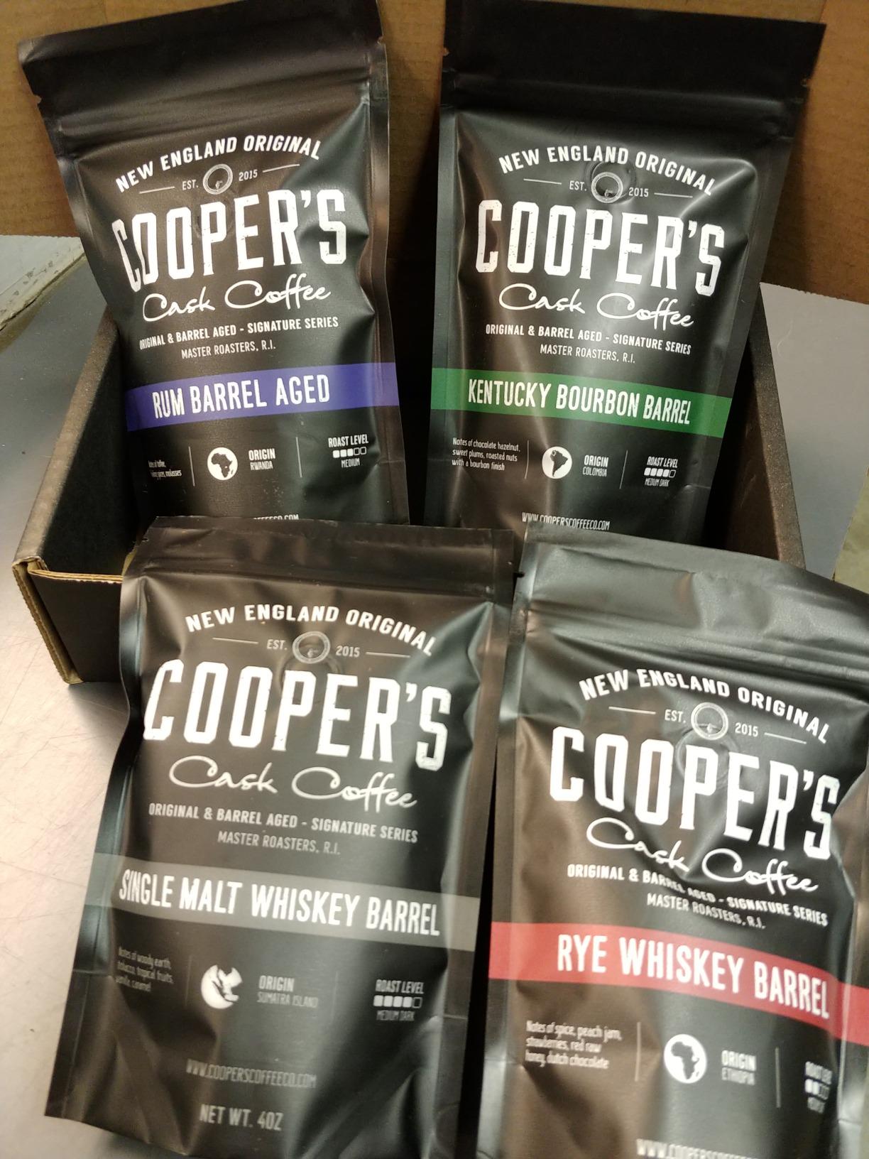 Bourbon & Whiskey Barrel Aged Coffee Box Set with Four Whole Bean Single Origin Coffees (Colombia, Sumatra, Ethiopia, Rwanda) Premium Small-Batch Gourmet Roasted Coffee Gift (Pack or 4) customer photo 1