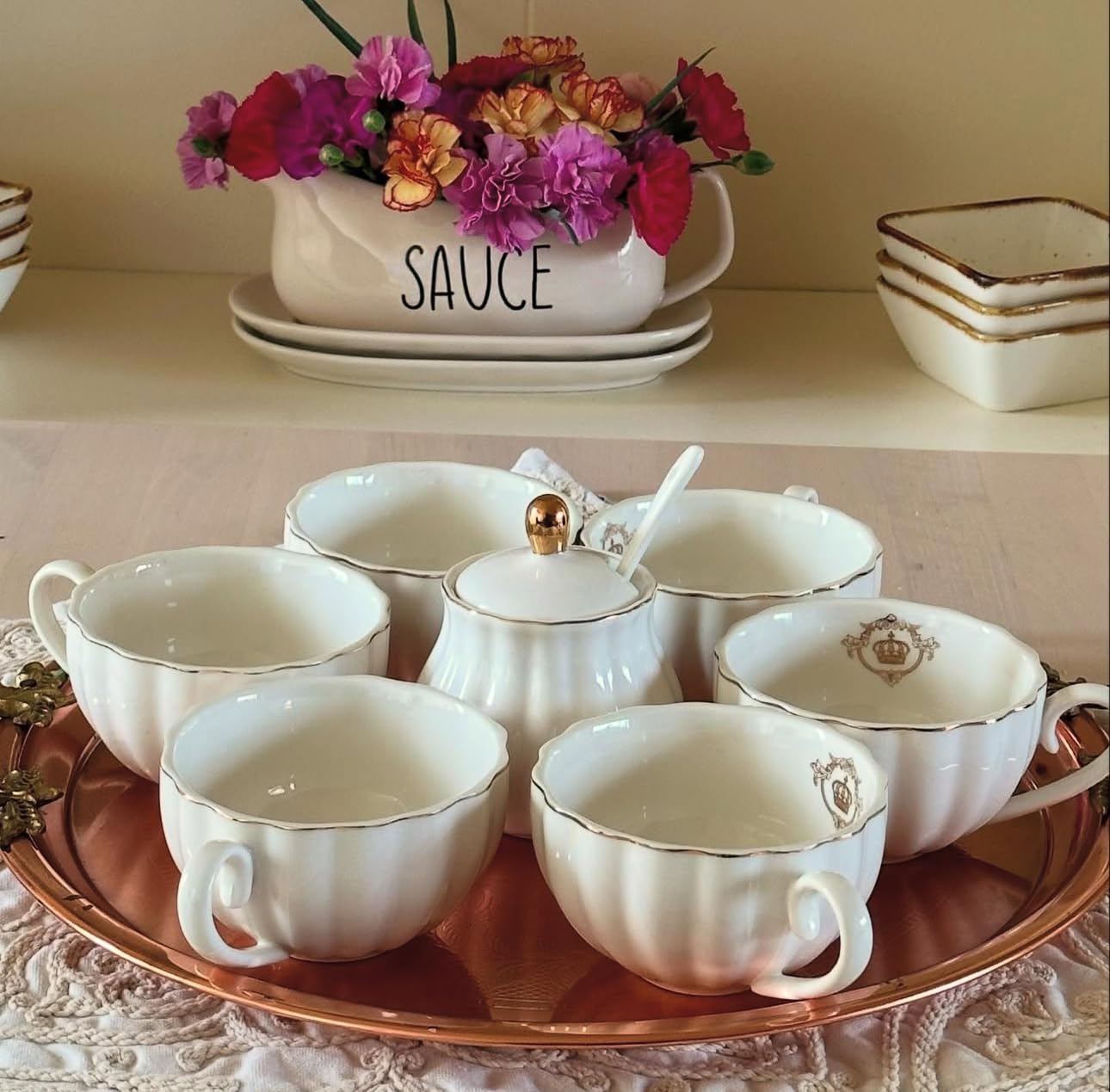 Amazingware Royal Tea Cups and Saucers, with Gold Trim and Gift Box, British Coffee Cups, Porcelain Tea Set, Set of 6 (8 oz)- Pink customer photo 1