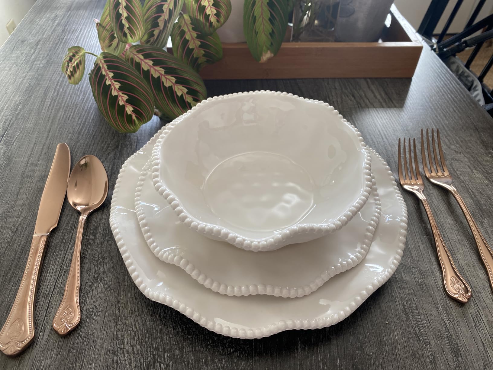 Perlette Off-White Beaded 12-Piece Dinnerware Set - Includes 4 Dinner Plates, 4 Salad Plates, 4 Bowls (7.5