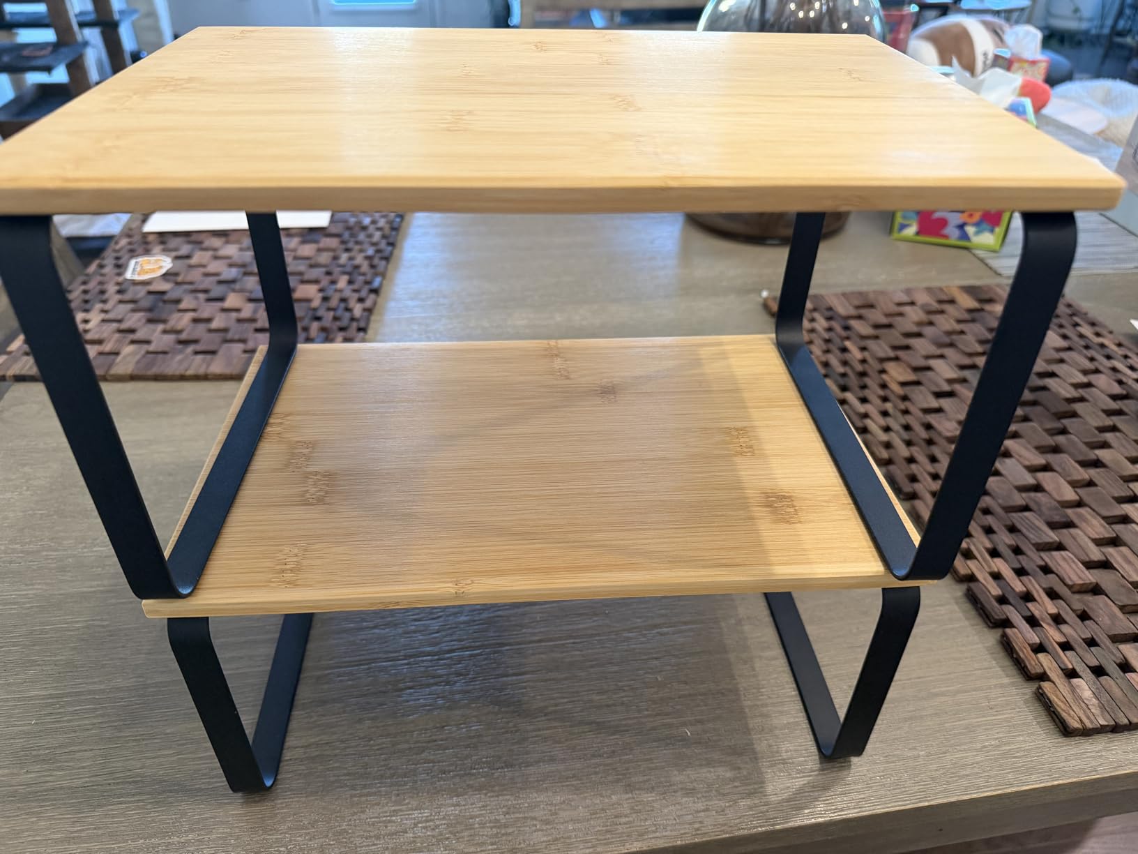 SONGMICS Cabinet Organizer Shelf, Set of 2 Kitchen Counter Shelves, Kitchen Storage, Spice Rack, Stackable, Expandable, Metal and Engineered Wood, Ink Black and Natural Beige UKCS02NB customer photo 1