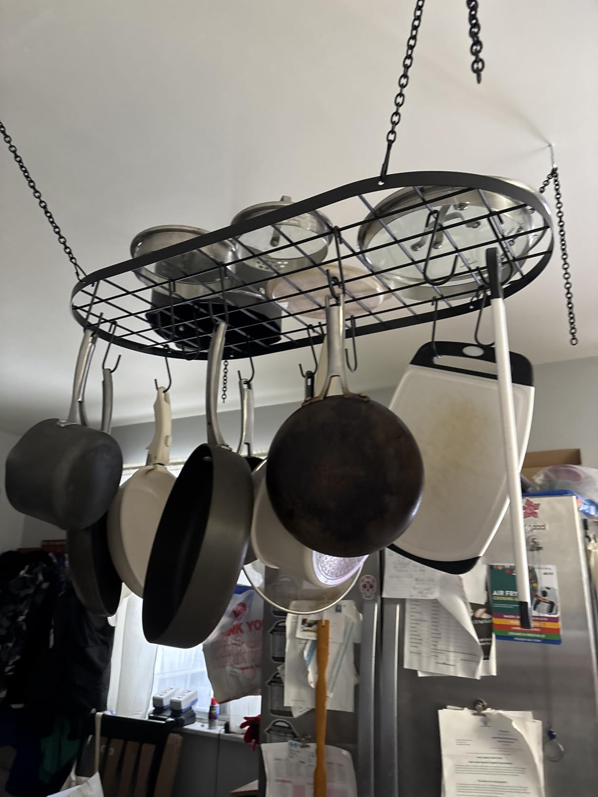 Vdomus Hanging Pot Rack - Ceiling Mount Kitchen Organizer for Pots and Pans with 15 Hooks - 33 x 17 Inches Heavy-Duty, Durable and Space-Saving Pan Holder - Silver customer photo 2