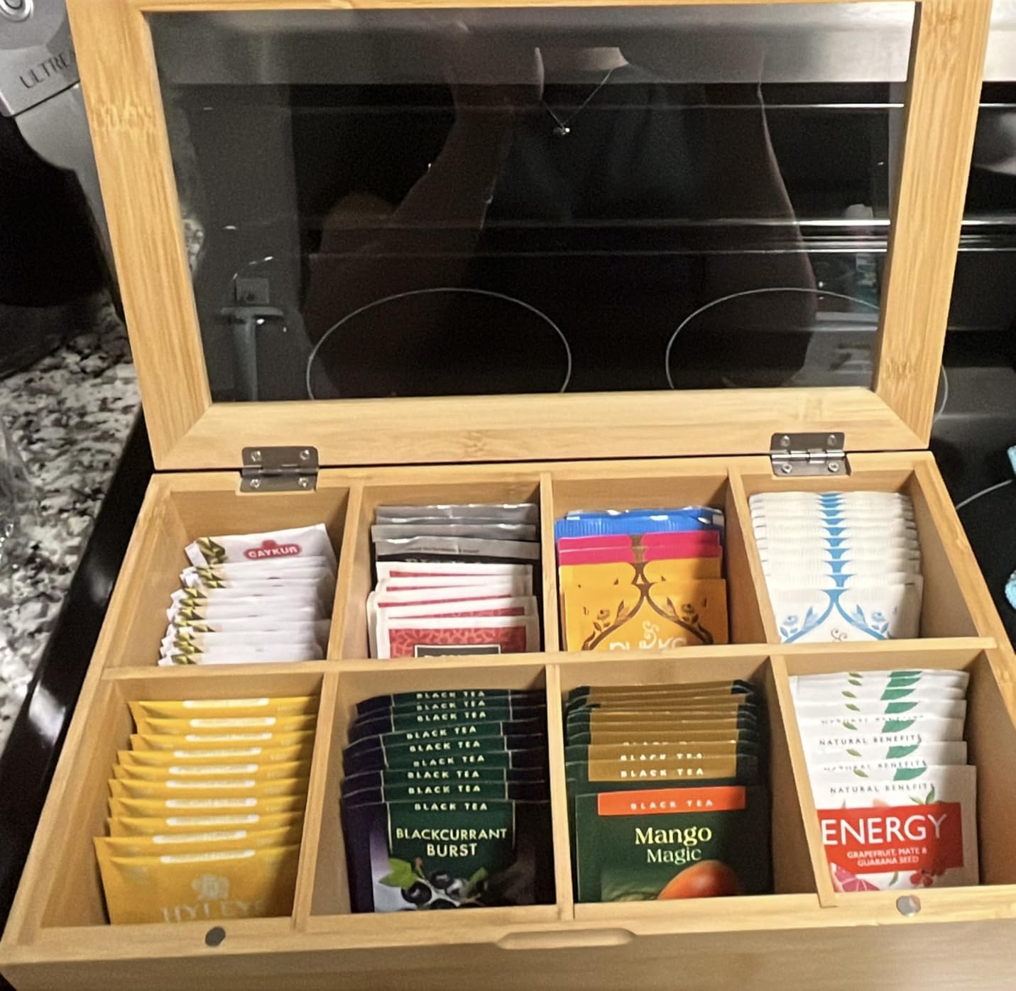 RoyalHouse Big Natural Bamboo Tea Storage Organizer with Clear Acrylic Top Window, 12 Compartments Eco-Friendly Tea Bag Holder, Multi-Functional Storage Box customer photo 2