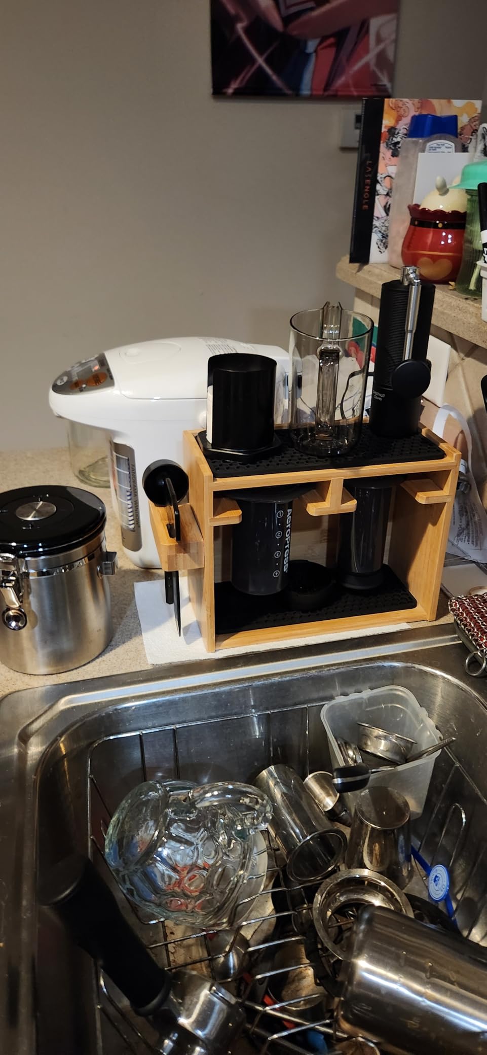 HEXNUB - Bamboo Organizer for AeroPress, Coffee Caddy Station Holds AeroPress Coffee Maker, Accessories, Filters, Cups, Stand includes Dripper Mats (Black) customer photo 1