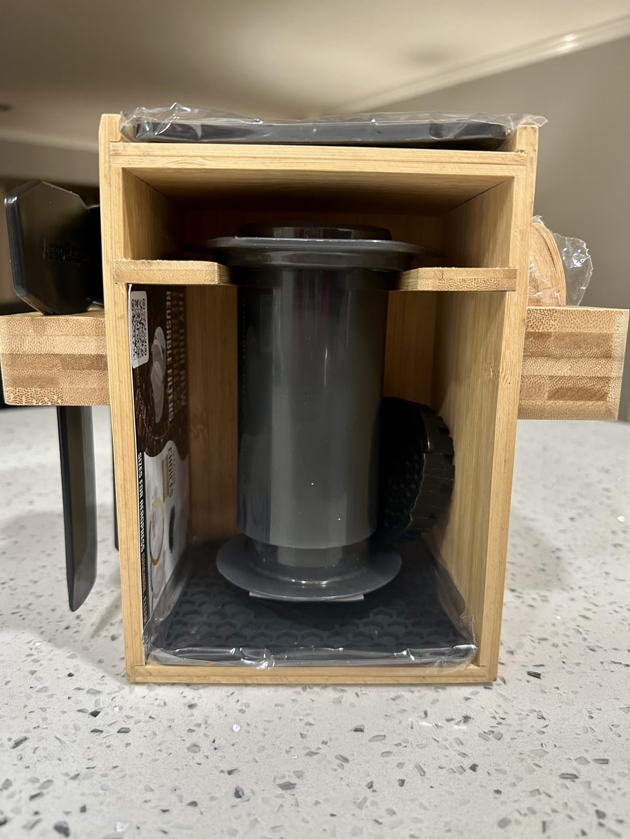 HEXNUB - Compact AeroPress Organizer Stand, Bamboo Coffee Caddy for AeroPress Coffee Maker, Accessories, Filters, Cups, Includes Mats - Black customer photo 1
