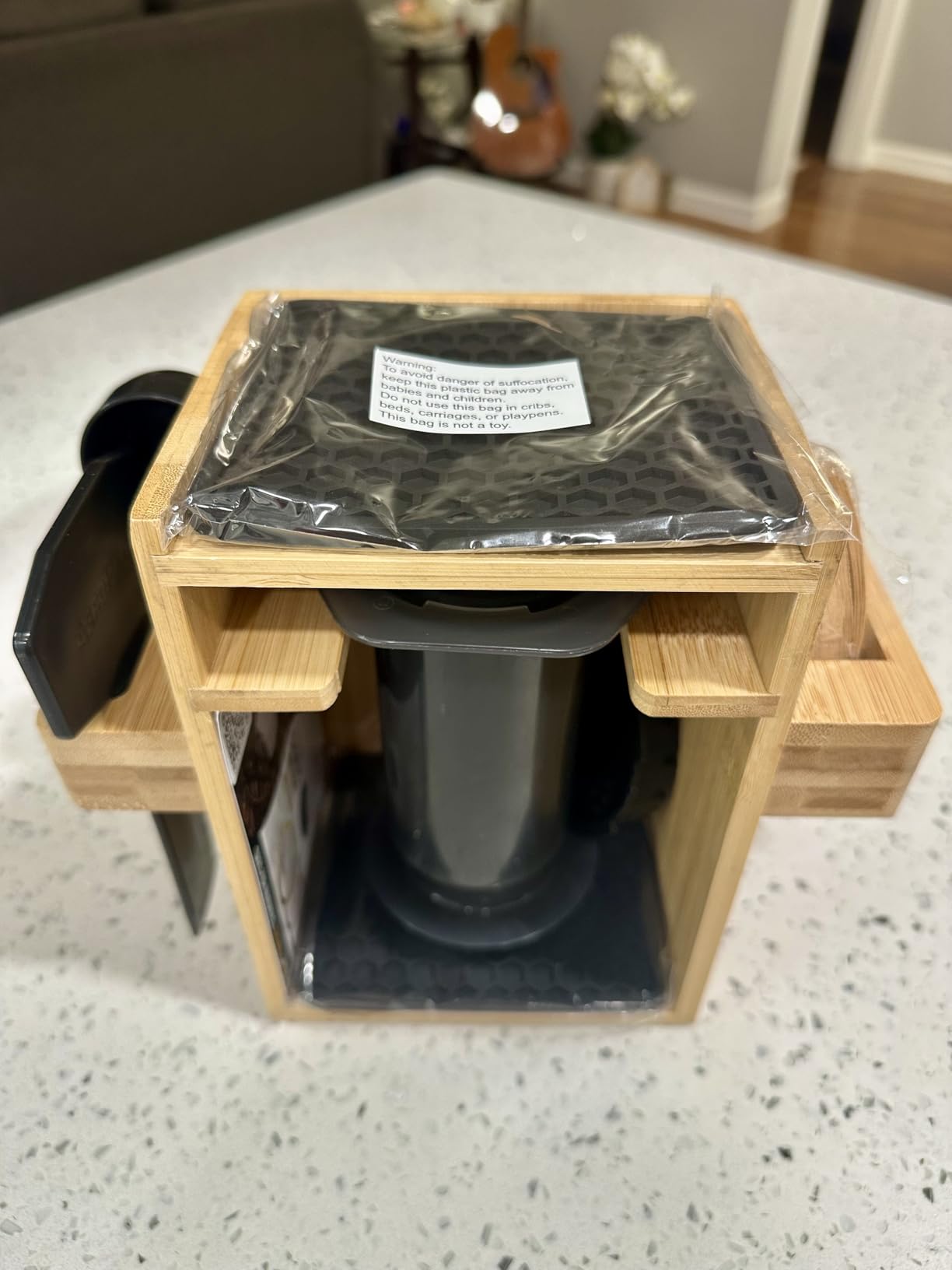 HEXNUB - Compact AeroPress Organizer Stand, Bamboo Coffee Caddy for AeroPress Coffee Maker, Accessories, Filters, Cups, Includes Mats - Black customer photo 2