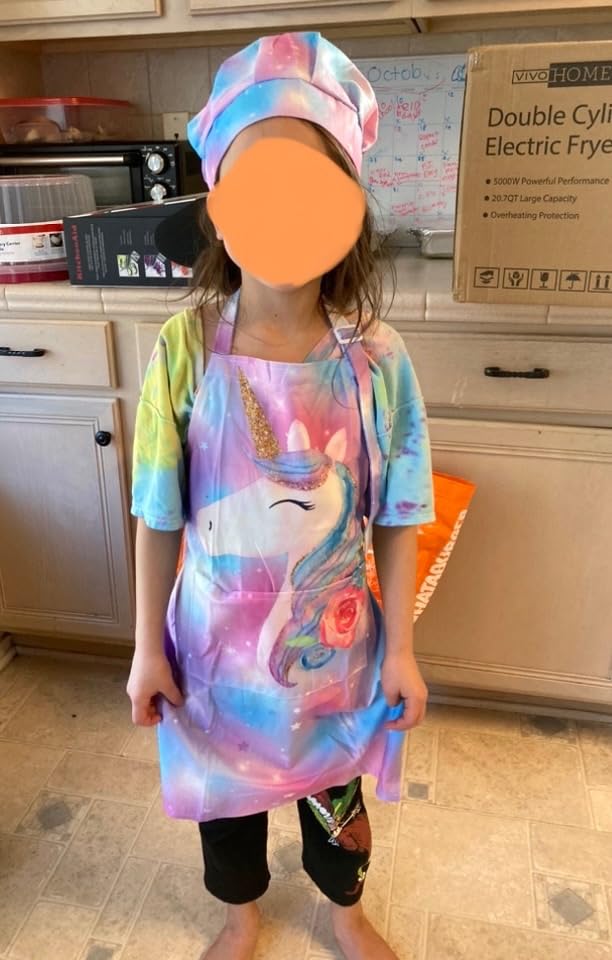 MHJY Kids Apron and Chef Hat Set, Child Aprons for Cooking Baking Painting Cute Toddler Girls Apron with Pockets 3-12 Years customer photo 1