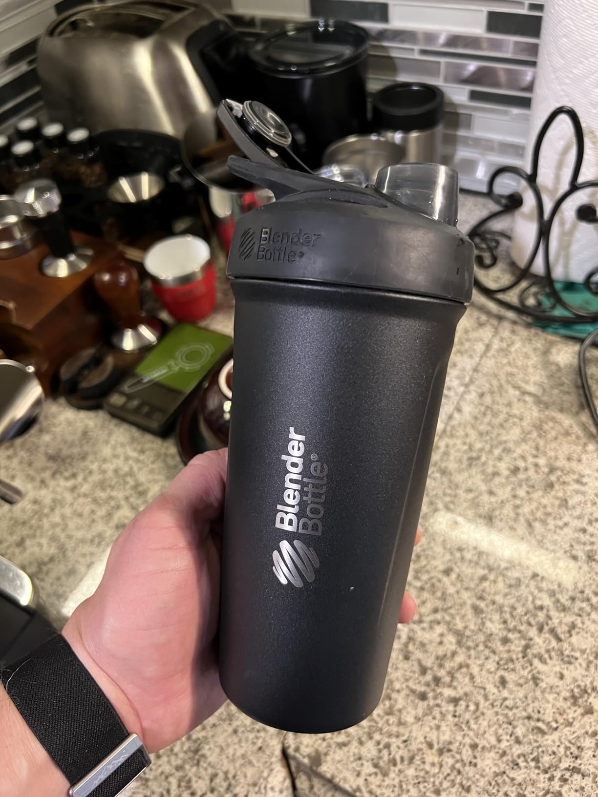 BlenderBottle Strada Shaker Cup Insulated Stainless Steel Water Bottle with Wire Whisk, 24-Ounce, Black customer photo 1