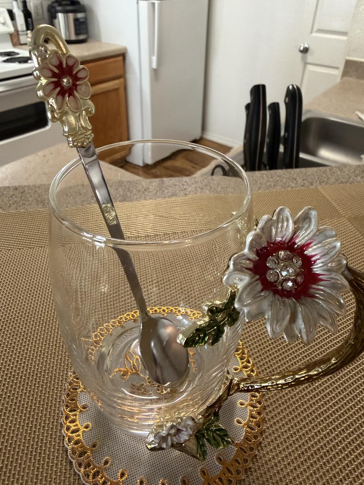Enamel Sunflower Crystal Lead-Free Glass Tea Cup with Spoon Set customer photo 1
