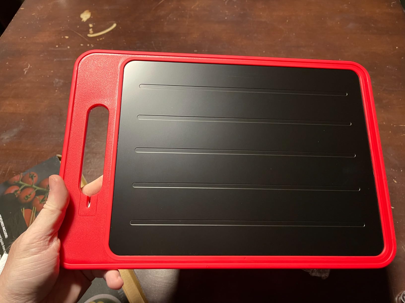 ELIKAI Defrosting Tray for Frozen Meat - 4-in-1 Meat Thawing Tray with Built-In Knife Refiner, Garlic Grater, Cutting Board - Thawing Plate for Frozen Food - Ideal Gift for Birthdays - Red customer photo 2