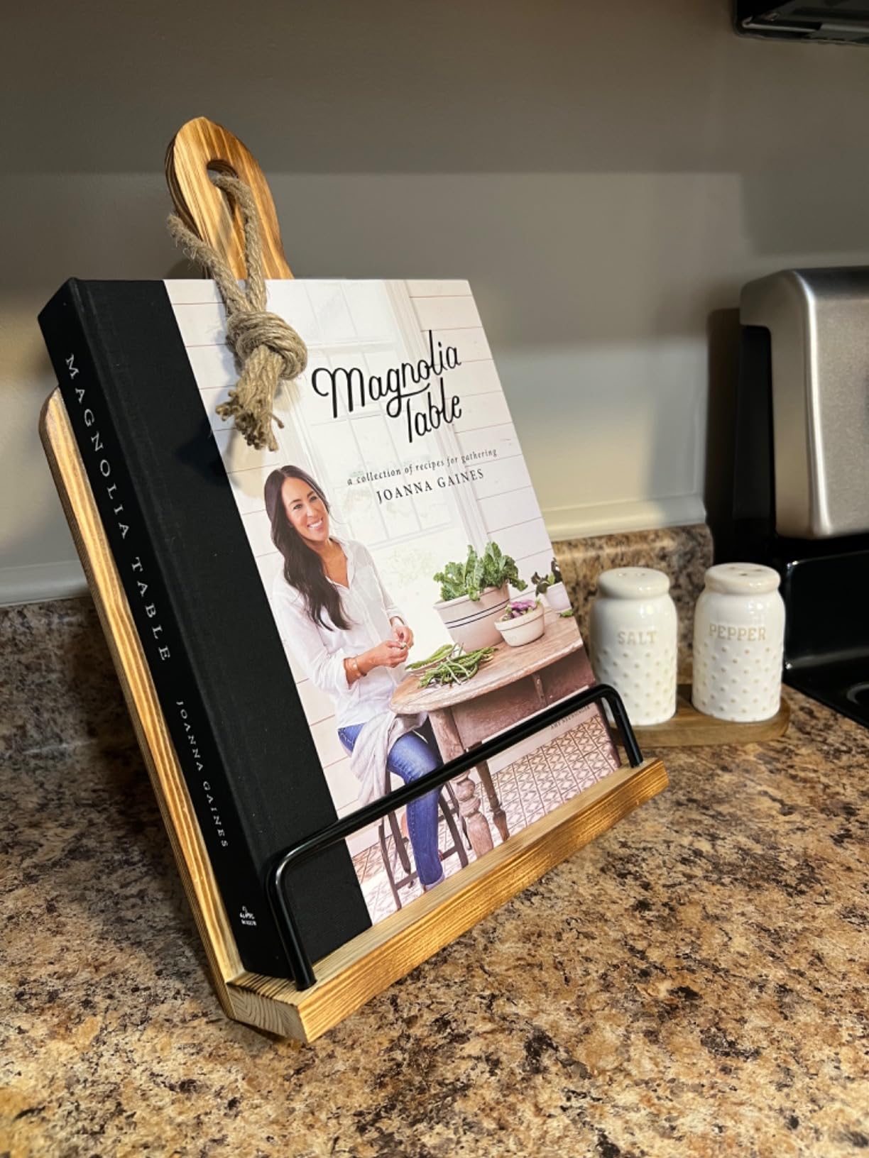 Soligt Cookbook Stand for Kitchen Counter Adjustable iPad Tablet Recipe Book Holder Rustic Wood Cutting Board Style - Brown customer photo 2