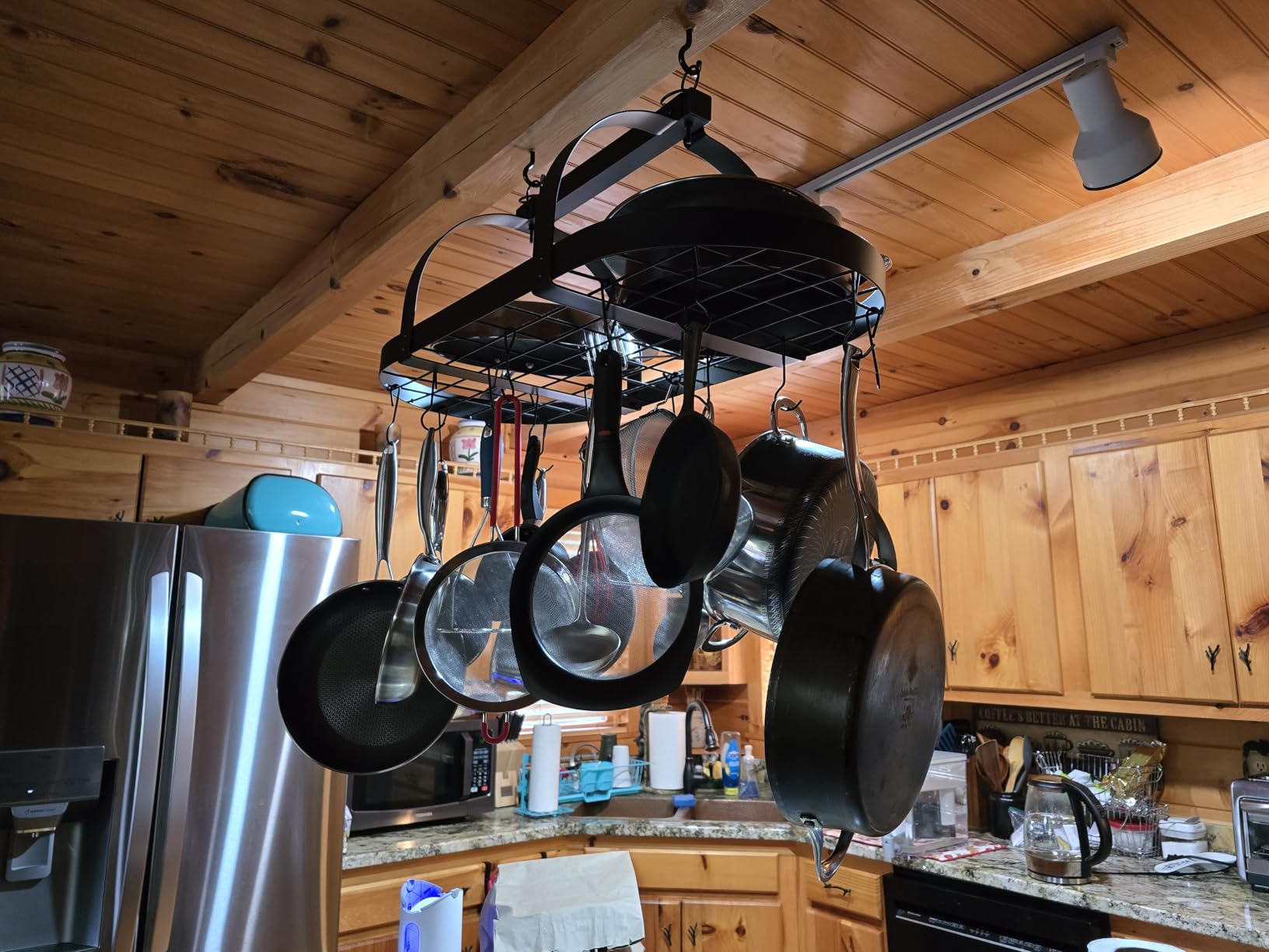 KES Ceiling Pot Rack 34-Inch Hanging Pot Rack for Kitchen Oval Pot and Pan Rack Matte Black Pot Hanger with 20 S Hooks (For 16