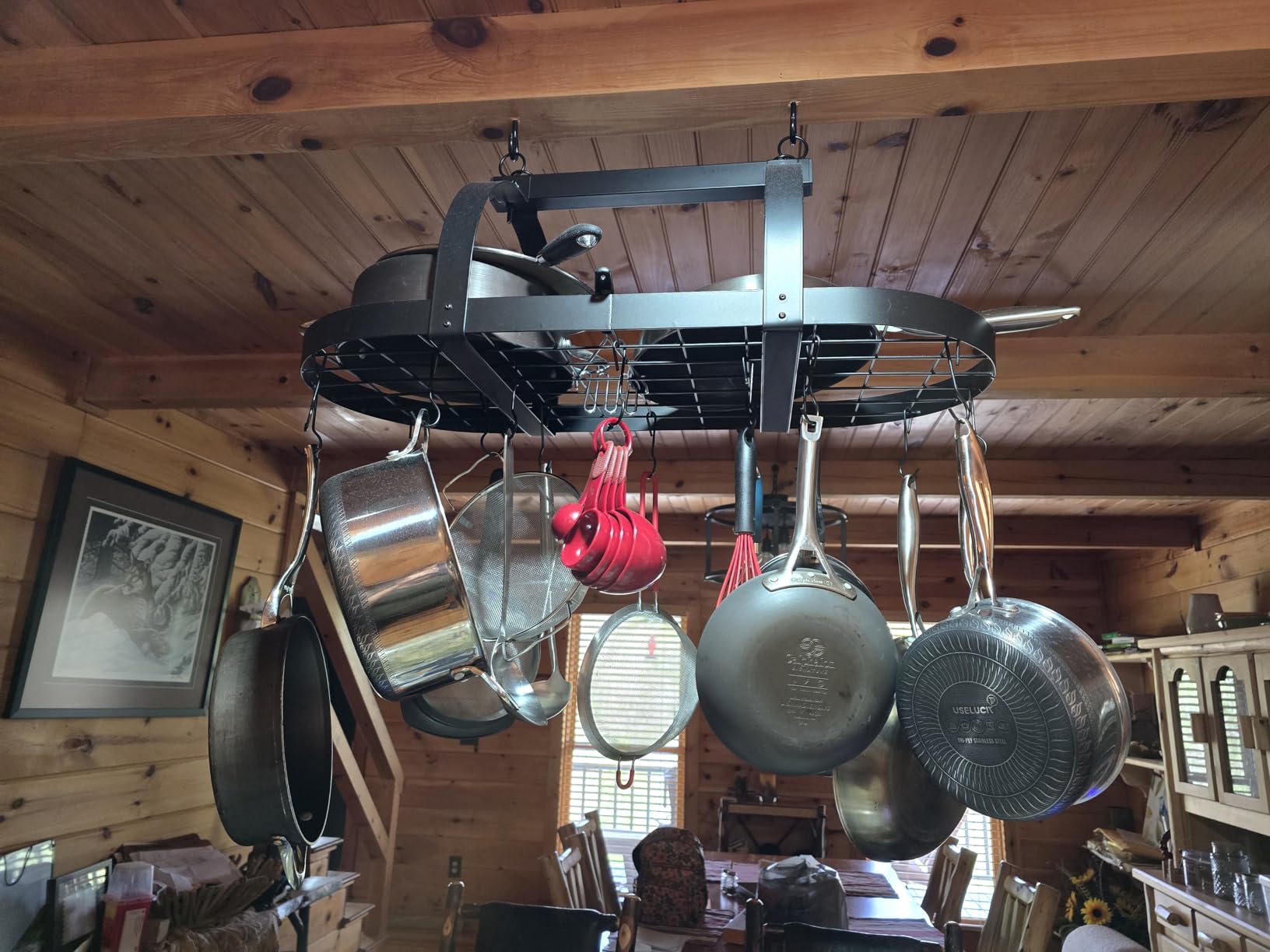 KES Ceiling Pot Rack 34-Inch Hanging Pot Rack for Kitchen Oval Pot and Pan Rack Matte Black Pot Hanger with 20 S Hooks (For 16