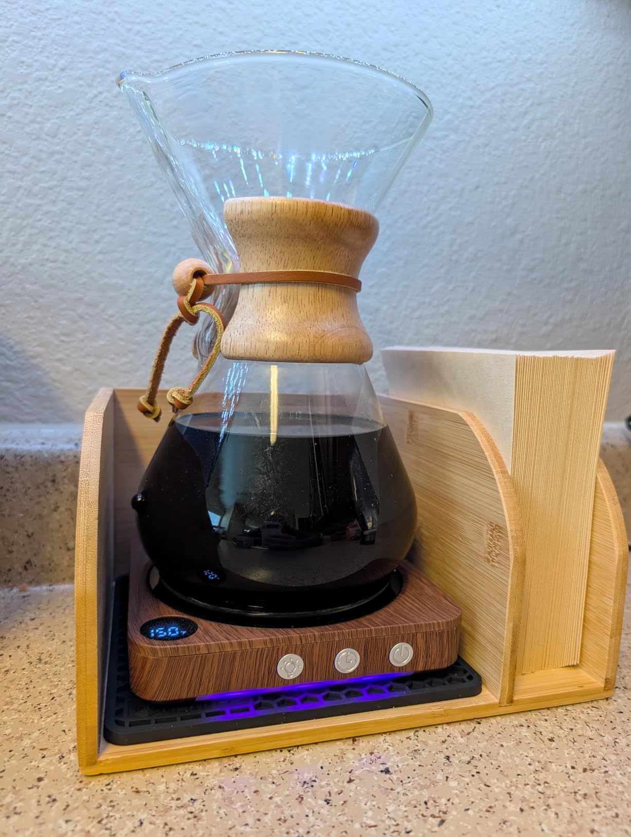 HEXNUB - Caddy for Pour Over Coffee Makers, Bamboo Stand fits Chemex, Bodum, Cosori Carafes, Heatproof Mat, Filter Holder for Coffee Brewing - Black Mat customer photo 1