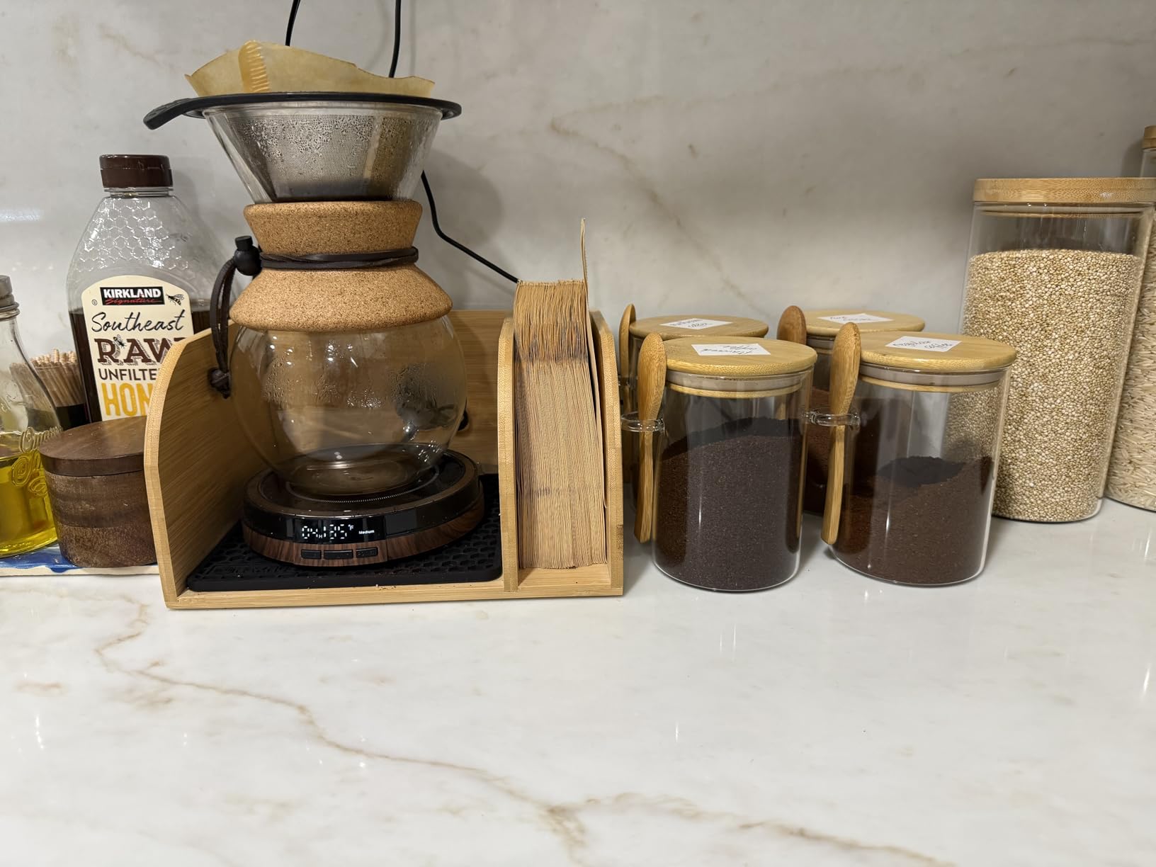 HEXNUB - Caddy for Pour Over Coffee Makers, Bamboo Stand fits Chemex, Bodum, Cosori Carafes, Heatproof Mat, Filter Holder for Coffee Brewing - Black Mat customer photo 2