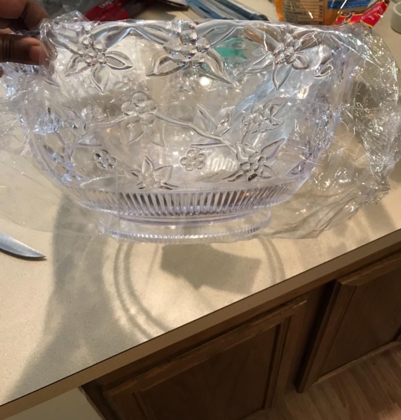 Party Essentials Hard Plastic Embossed Serving Bowl For Punch/Salad/Snack/Treat, Clear, 12-Quart with Ladle, Tong & 12 Stemless Wine Glasses customer photo 1