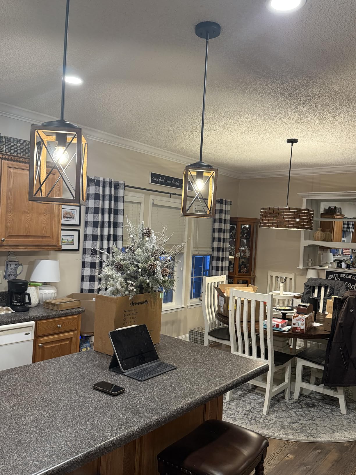 DEWENWILS 2 Pack Farmhouse Pendant Light, Metal Hanging Light Fixture with Wooden Grain Finish, 48 Inch Adjustable Pipes for Flat and Slop Ceiling, Kitchen Island, Bedroom, Dining Hall, ETL Listed customer photo 1