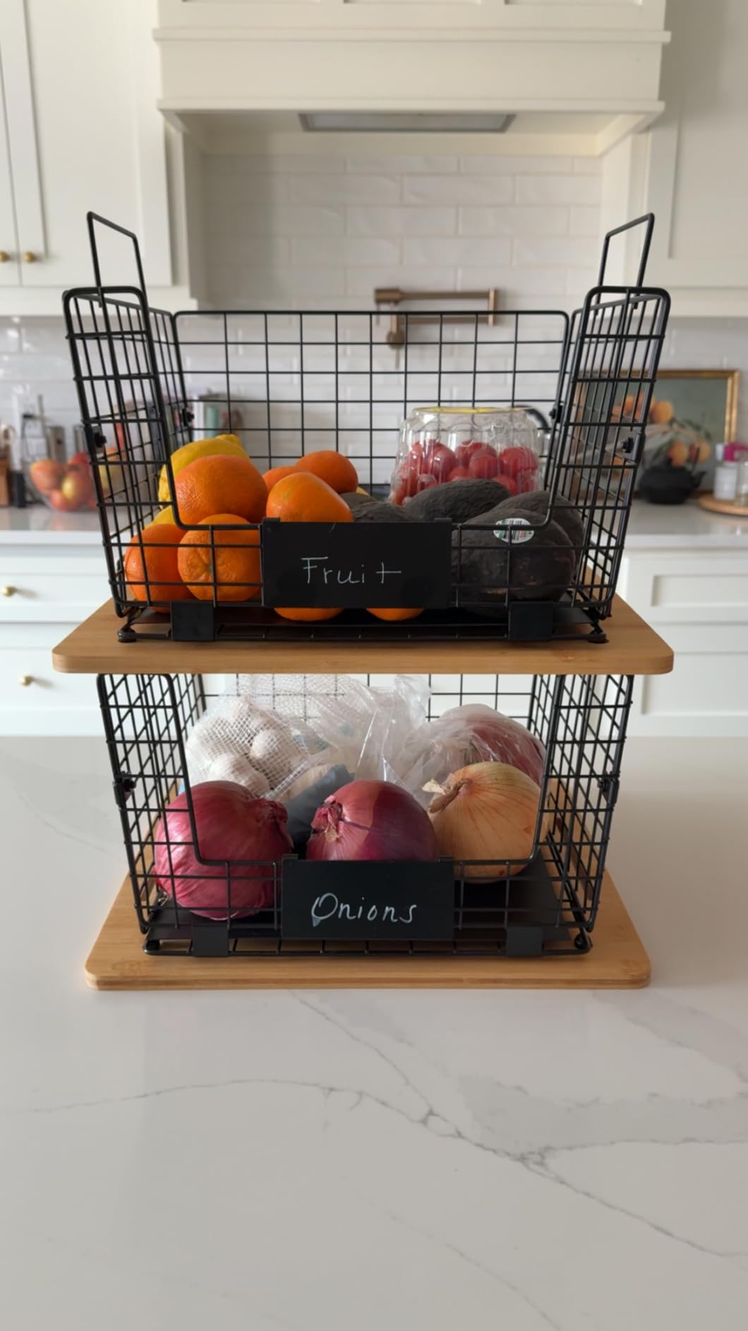 2 Set XXL Stackable Wire Basket with Bamboo Tops & Tag- Pantry Organizer and Storage Bins, Kitchen Counter Cabinet Shelf Countertop Under Sink Organizing, Food Snack Produce Onion Potato Bread Storage customer photo 1