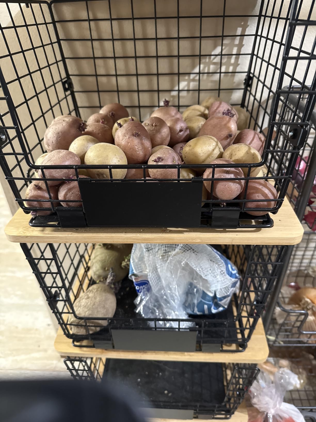 2 Set XXL Stackable Wire Basket with Bamboo Tops & Tag- Pantry Organizer and Storage Bins, Kitchen Counter Cabinet Shelf Countertop Under Sink Organizing, Food Snack Produce Onion Potato Bread Storage customer photo 2