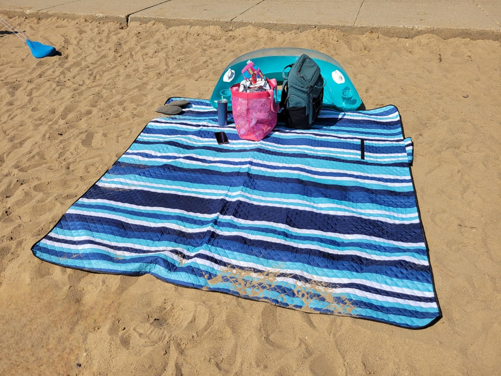 ZAZE Picnic Blankets Beach Blanket, 80''x80'' Extra Large Thick 3-Layers, Sandproof Machine Washable Waterproof Foldable Oversized XL Outdoor Mat, for Camping, Park, Travel, Grass(Blue White Stripe) customer photo 2