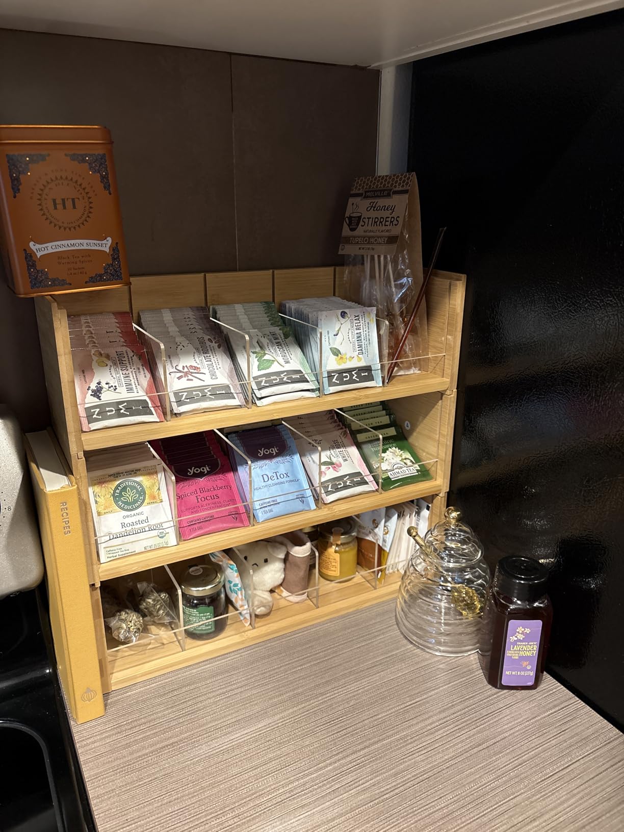 X-cosrack Bamboo Tea Bag Organizer Storage Box, 3 Tier Stackable Tea Bag Box Natural Wood, Wall Mount Tea Chests with Acrylic for tea bags Office Kitchen Cabinet Pantry customer photo 2