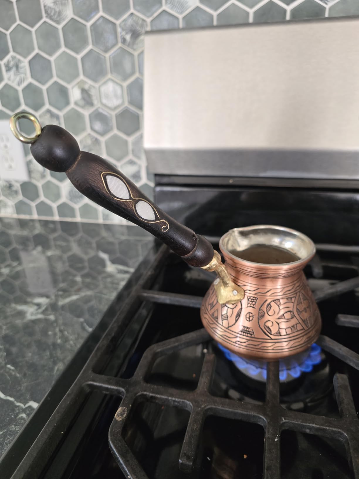 BCS 12 Oz Copper Turkish Greek Arabic Coffee Pot with Wooden Handle (4 servings) Cezve Ibrik Briki Stovetop Coffee Maker (Includes Wooden Spoon) customer photo 1
